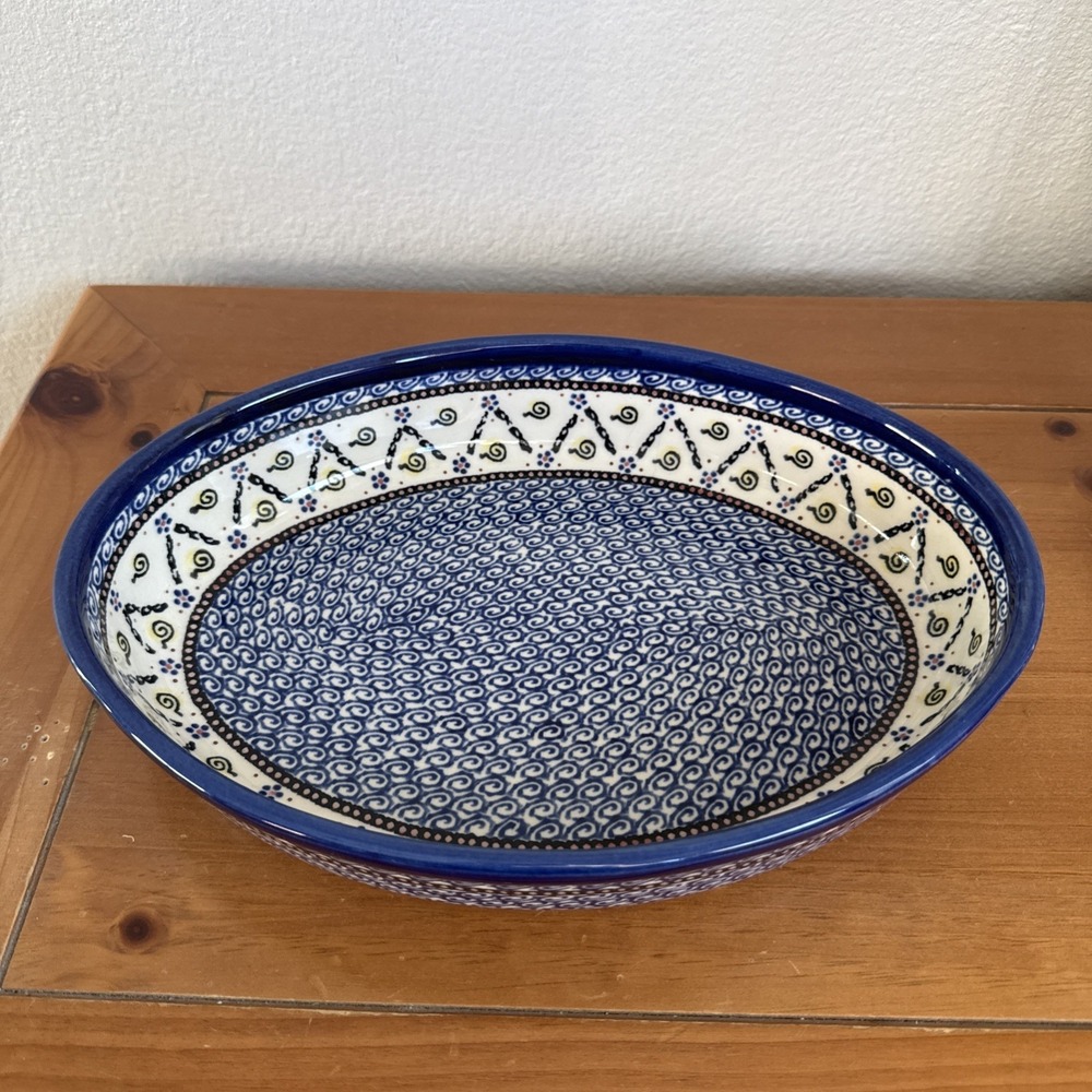 Vtg Boleslawiec Pottery Oval Casserole Baking Dish Hand Made & Painted in Poland